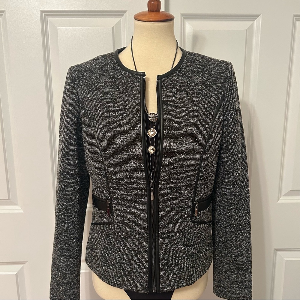 Jones Studio Black/Gray Tweed Blazer with Faux Leather Trim